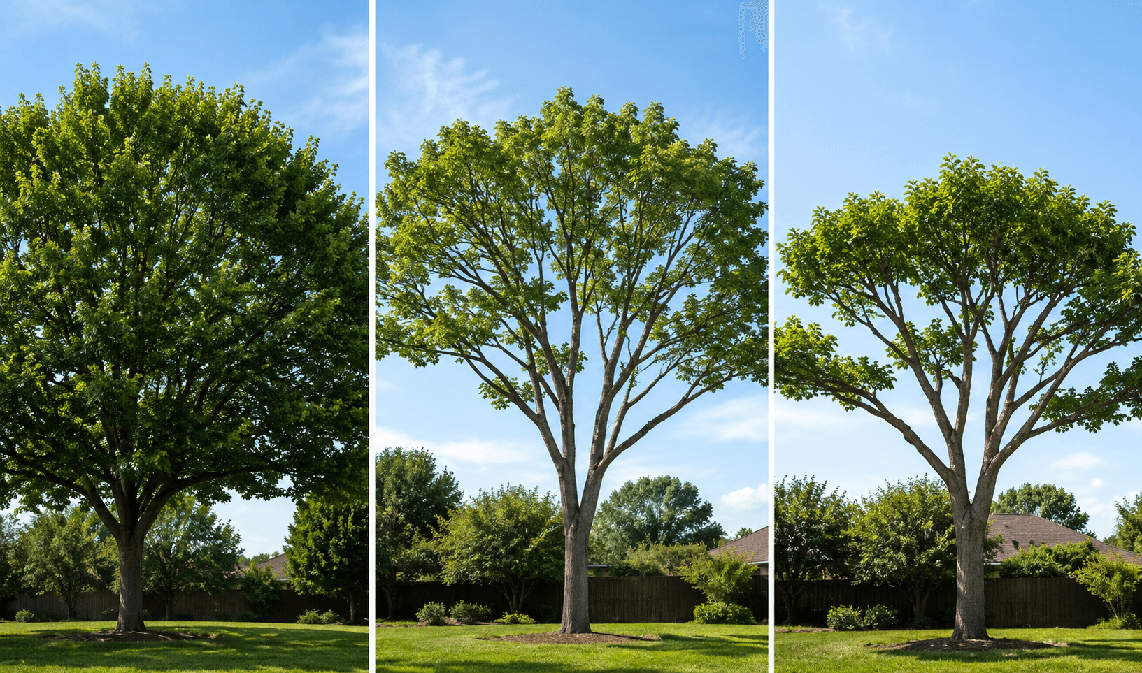 Professional arborist comparison showing three mature trees demonstrating crown thinning, crown raising, and crown reduction pruning techniques for healthy tree maintenance.