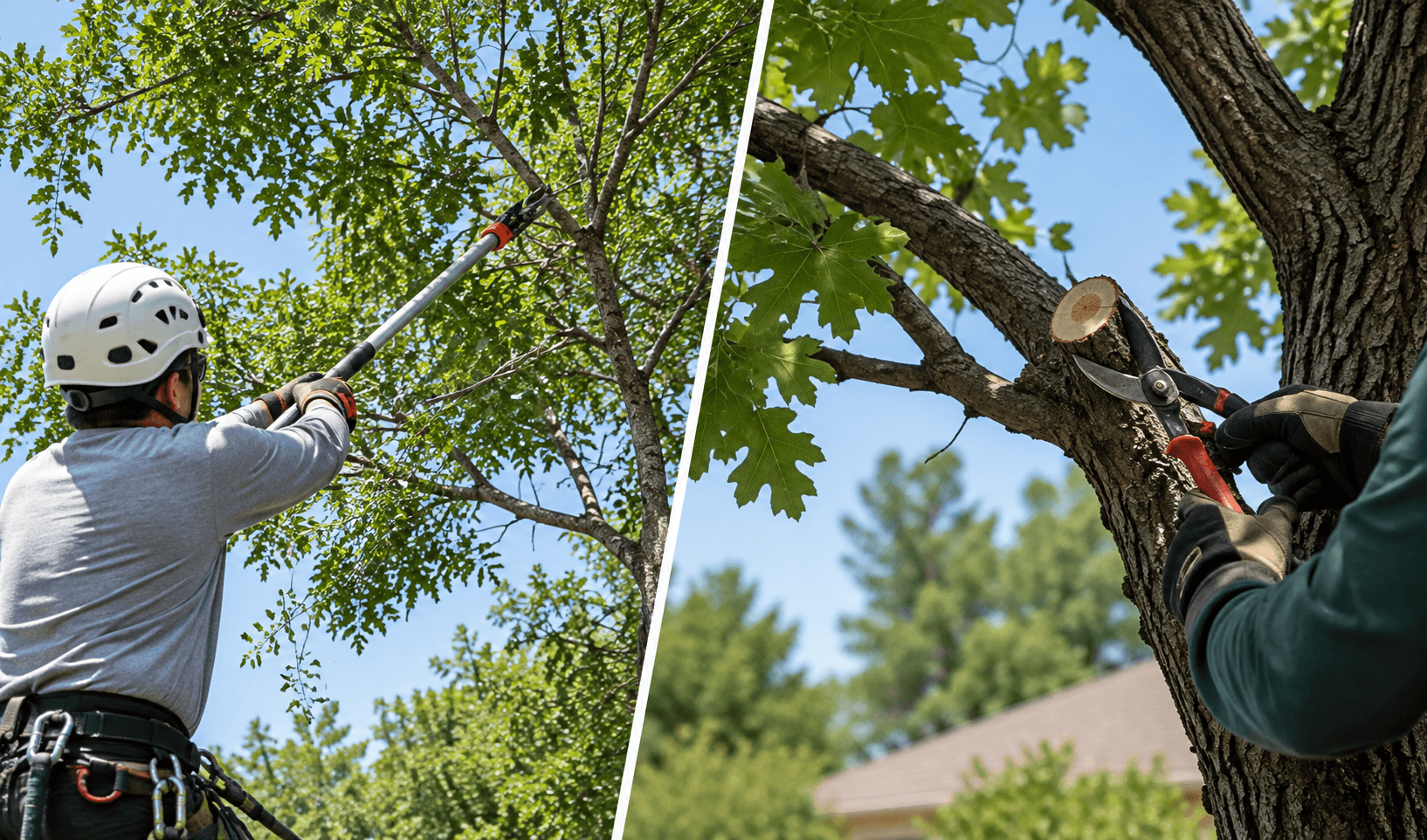 Arborist trimming branches of a mature tree with a pole pruner