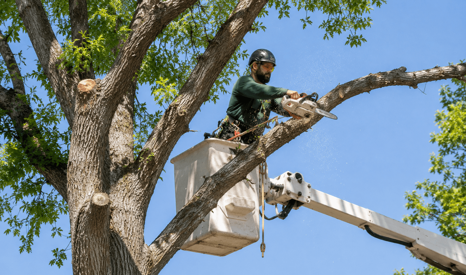 Professional arborist trimming a large tree with a bucket truck in Amarillo, TX, illustrating the tree trimming services that influence tree trimming costs.