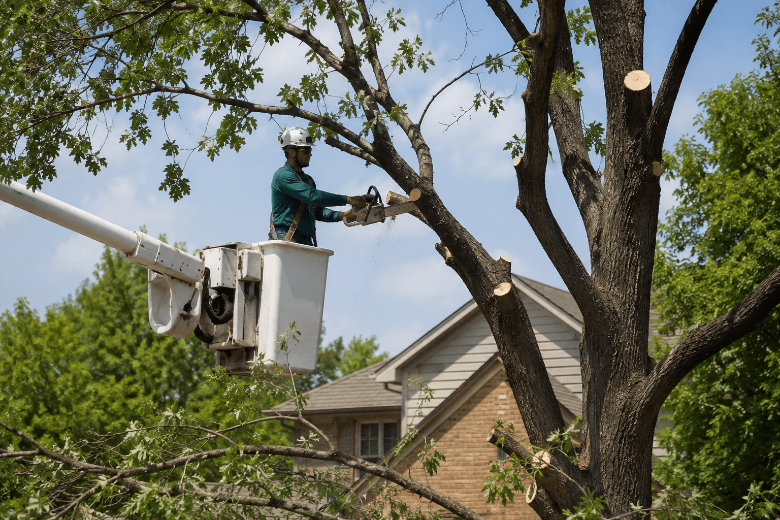 Professional arborist trimming a mature residential tree in Amarillo, TX using a bucket truck during routine tree maintenance.