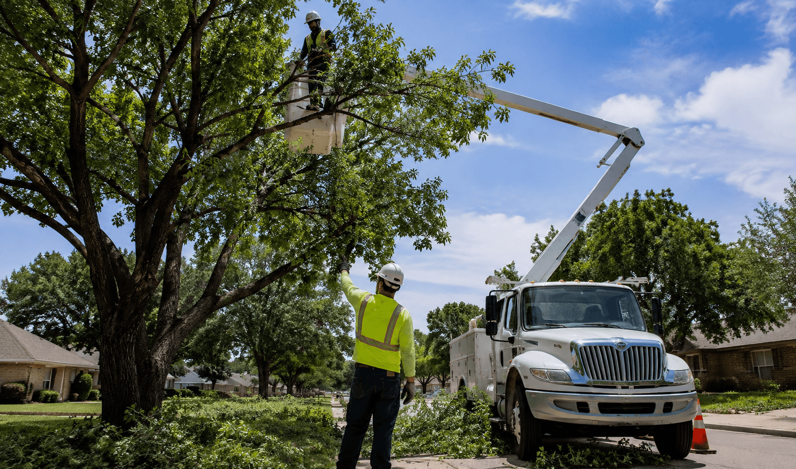 How to choose a tree trimming company in Amarillo TX with professional arborists safely trimming a large residential tree