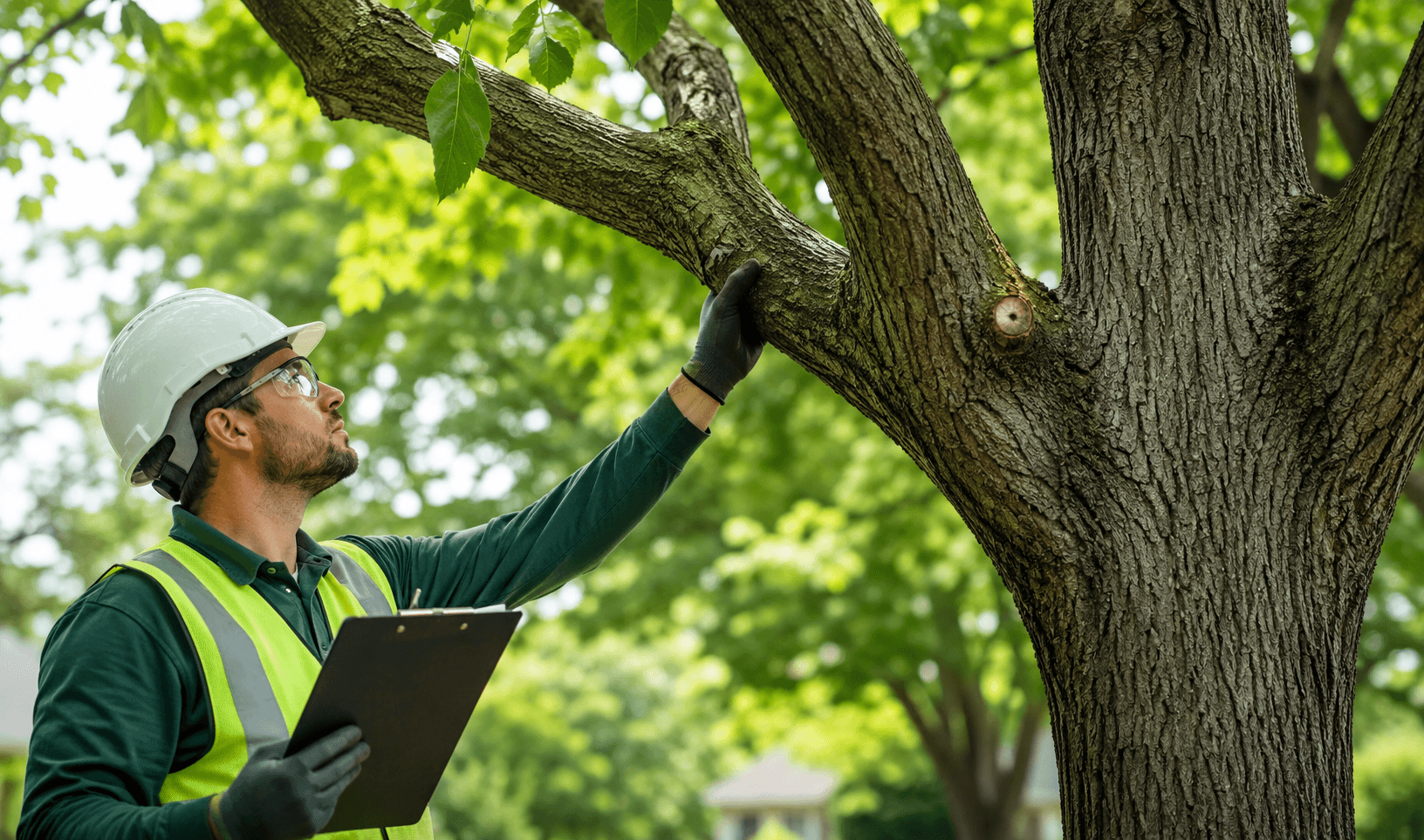 Certified arborist inspecting tree branches before trimming