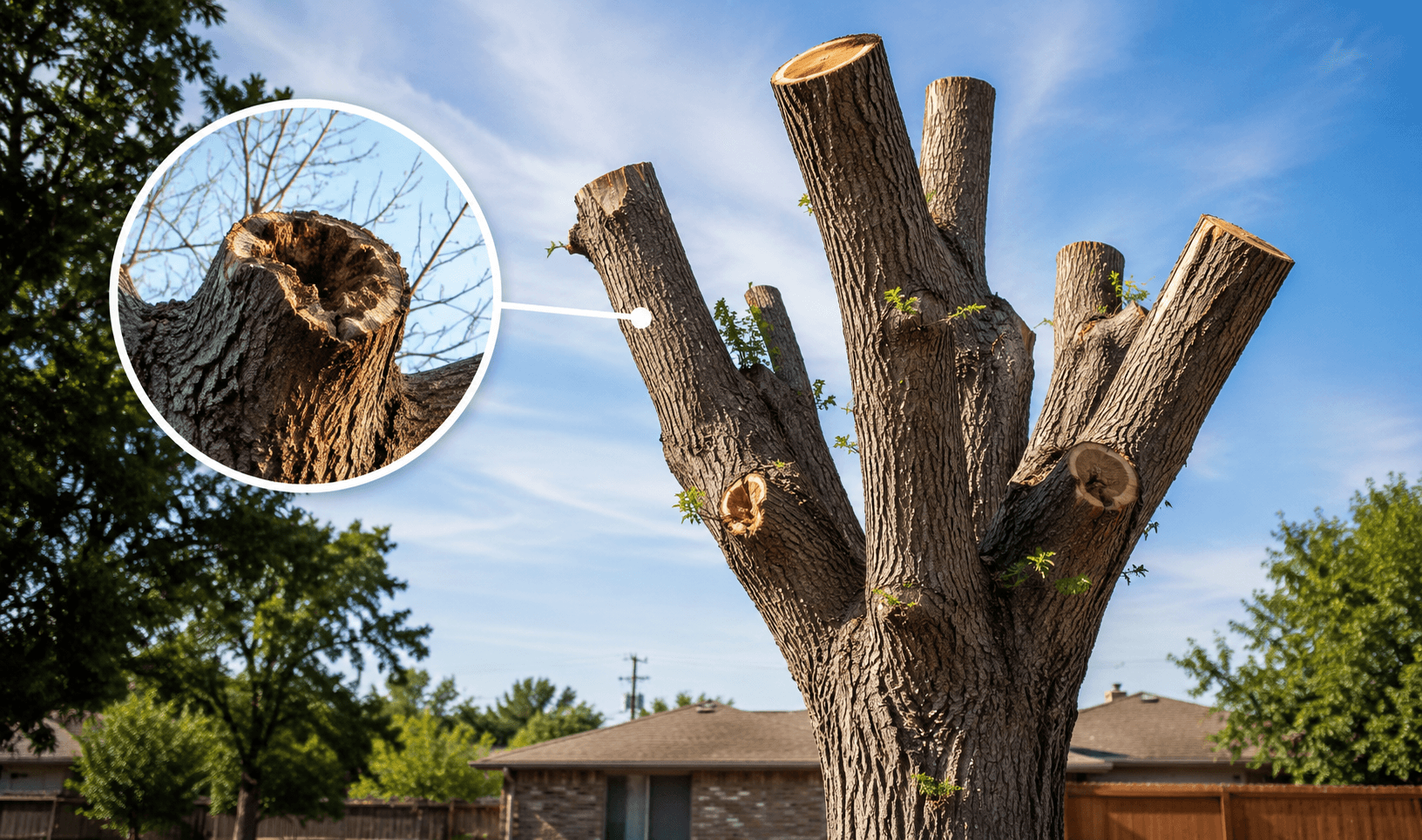 Why topping a tree is bad for Amarillo trees showing severe tree topping cuts and damaged branches