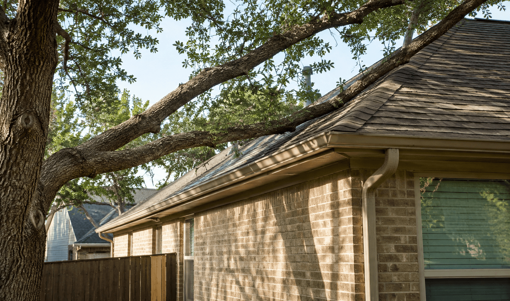 Tree branches extending over a house roof and close to the roofline